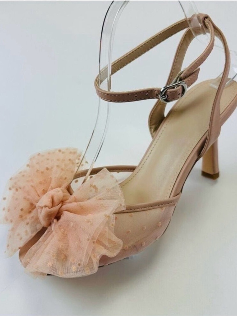 Coquettish pinky peach Swiss dot bow nude ankle strap heels Size 8.5 Romantic
